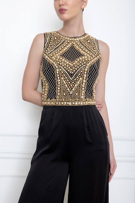 Shop_Dilnaz_Black Pure Silk Satin Embellished Sequin And Beads Bodice Jumpsuit _Online_at_Aza_Fashions