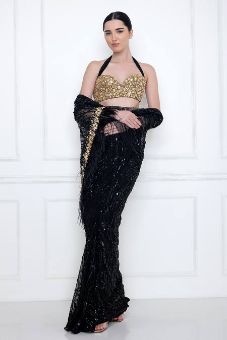 Dilnaz_Black Net And Polyester Satin Embellished Crystals Halter Neck Bustier_Online_at_Aza_Fashions