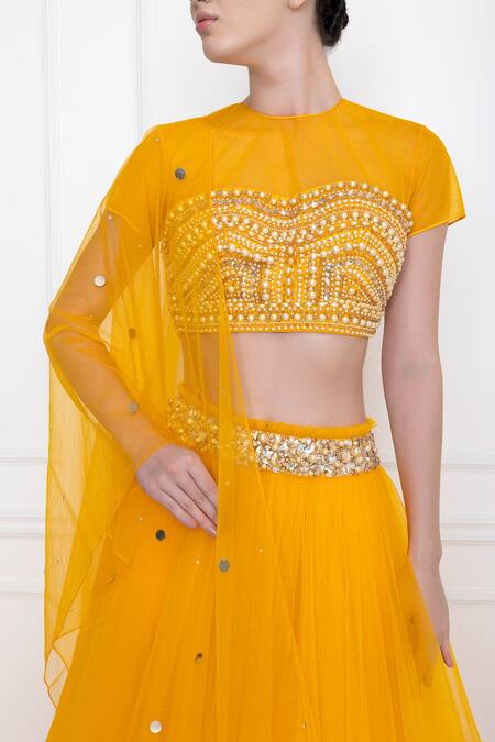 Dilnaz_Yellow Net Embellished Sequin Dupatta _Online_at_Aza_Fashions