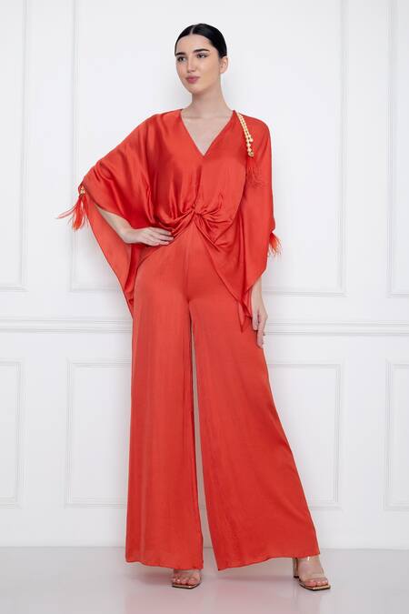 Dilnaz Red Cotton Satin V Neck Front Twist Kaftan Top With Jumpsuit