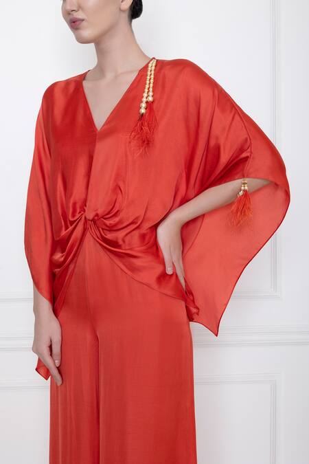 Dilnaz Red Cotton Satin V Neck Front Twist Kaftan Top With Jumpsuit Online at Aza Fashions Dilnaz_Red Cotton Satin V Neck Front Twist Kaftan Top With Jumpsuit_Online_at_Aza_Fashions