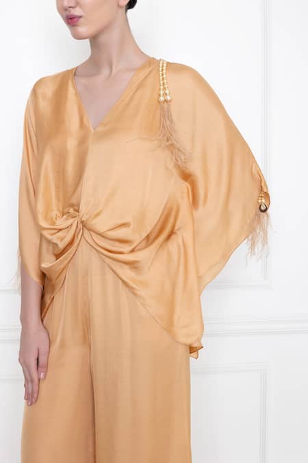 Dilnaz Gold Cotton Satin V Neck Front Twist Kaftan Top With Jumpsuit Online at Aza Fashions Dilnaz_Gold Cotton Satin V Neck Front Twist Kaftan Top With Jumpsuit _Online_at_Aza_Fashions