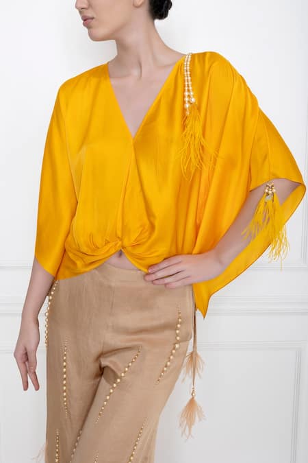 Dilnaz_Yellow Cotton Satin V Neck Kaftan Style Top_Online_at_Aza_Fashions