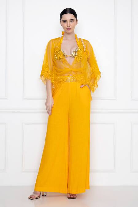 Dilnaz_Yellow Net Resham V Neck Sheer Draped Kaftan Top_Online_at_Aza_Fashions