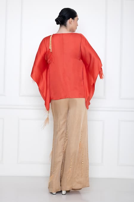 Shop Dilnaz Red Cotton Satin V Neck Kaftan Style Top at Aza Fashions Shop_Dilnaz_Red Cotton Satin V Neck Kaftan Style Top_at_Aza_Fashions