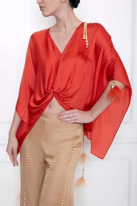 Dilnaz Red Cotton Satin V Neck Kaftan Style Top Online at Aza Fashions Dilnaz_Red Cotton Satin V Neck Kaftan Style Top_Online_at_Aza_Fashions