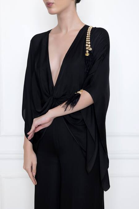 Dilnaz_Black Cotton Satin V Neck Jumpsuit With Kaftan Top_Online_at_Aza_Fashions