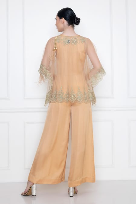 Shop_Dilnaz_Gold Cotton Satin And Net Wide Legged Jumpsuit With Kaftan Top  _at_Aza_Fashions