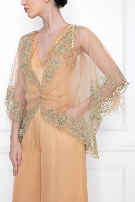 Dilnaz_Gold Cotton Satin And Net Wide Legged Jumpsuit With Kaftan Top  _Online_at_Aza_Fashions