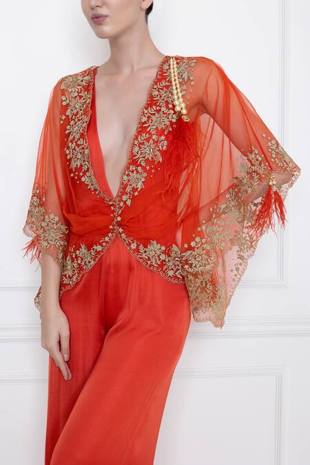Dilnaz_Red Cotton Satin And Net Thread V Neck Wide Legged Jumpsuit With Kaftan Top_Online_at_Aza_Fashions