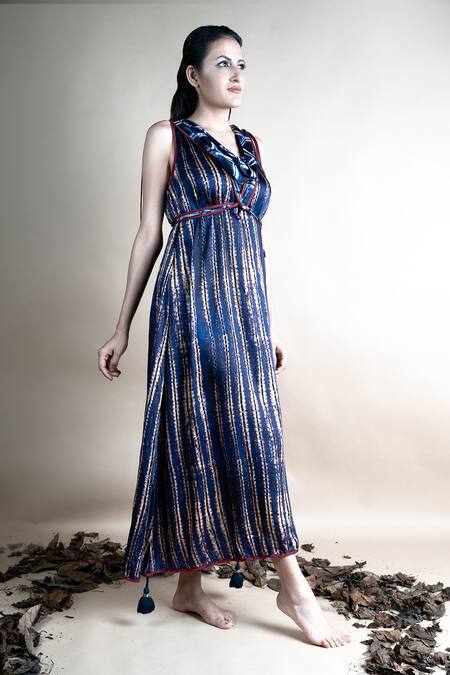 Anmol Kakad_Blue Satin Tswana Cowl Neck Dress_Online_at_Aza_Fashions