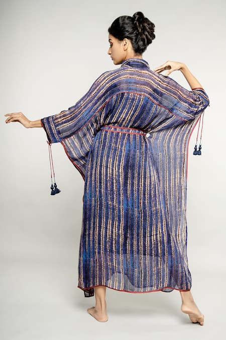 Shop Anmol Kakad Blue Georgette Amara Stripe Pattern Kaftan Dress at Aza Fashions Shop_Anmol Kakad_Blue Georgette Amara Stripe Pattern Kaftan Dress_at_Aza_Fashions