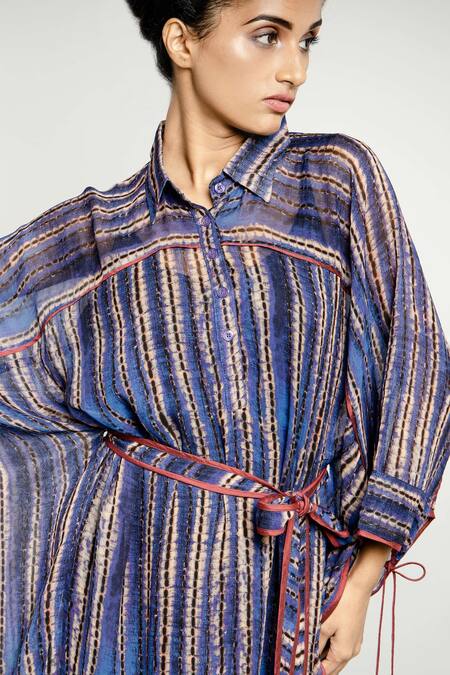 Shop Anmol Kakad Blue Georgette Amara Stripe Pattern Kaftan Dress Online at Aza Fashions Shop_Anmol Kakad_Blue Georgette Amara Stripe Pattern Kaftan Dress_Online_at_Aza_Fashions