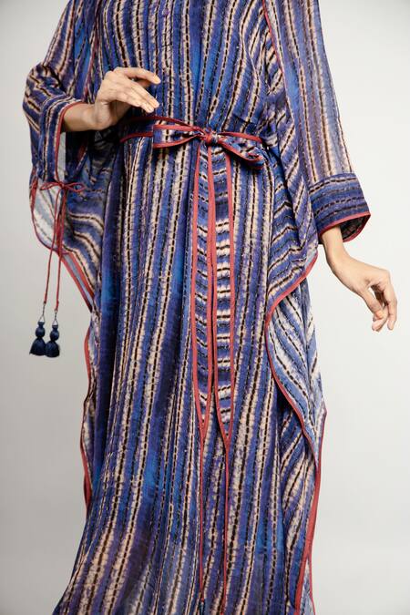 Anmol Kakad Blue Georgette Amara Stripe Pattern Kaftan Dress at Aza Fashions Anmol Kakad_Blue Georgette Amara Stripe Pattern Kaftan Dress_at_Aza_Fashions