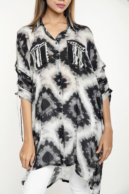 Shop_Anmol Kakad_Black Crepe Silk Afia Geometric Pattern Shirt_Online_at_Aza_Fashions