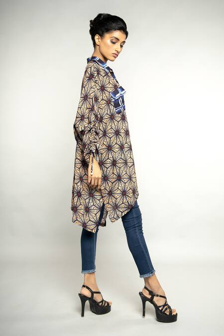 Anmol Kakad_Blue Crepe Silk Afia Geometric Pattern Shirt_Online_at_Aza_Fashions