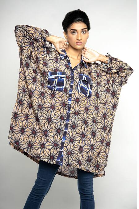 Buy_Anmol Kakad_Blue Crepe Silk Afia Geometric Pattern Shirt_Online_at_Aza_Fashions