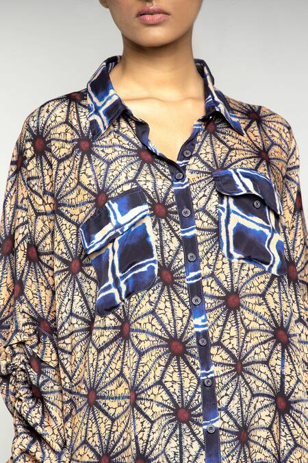 Shop_Anmol Kakad_Blue Crepe Silk Afia Geometric Pattern Shirt_Online_at_Aza_Fashions
