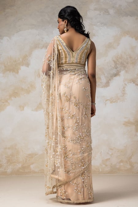 Shop COUTURE BY NIHARIKA Gold Organza Floral Pattern V Neck Embroidered Saree With Blouse at Aza Fashions Shop_COUTURE BY NIHARIKA_Gold Organza Floral Pattern V Neck Embroidered Saree With Blouse _at_Aza_Fashions