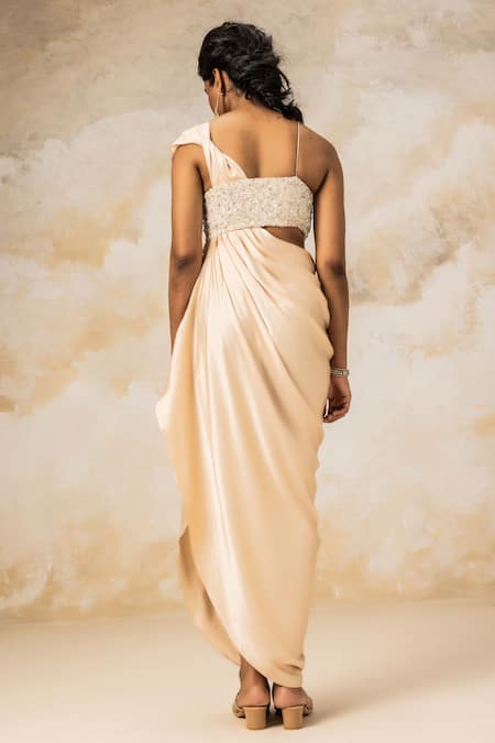 Shop COUTURE BY NIHARIKA Peach Pure Satin Bugle Beads And Sequin Sweetheart Neck Draped Gown With Corset at Aza Fashions Shop_COUTURE BY NIHARIKA_Peach Pure Satin Bugle Beads And Sequin Sweetheart Neck Draped Gown With Corset _at_Aza_Fashions