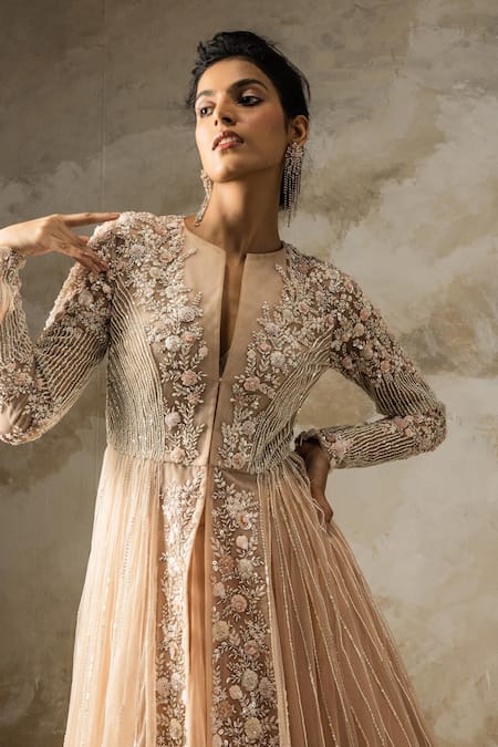 COUTURE BY NIHARIKA Peach Net Floral Pattern Jacket Notched Embroidered With Skirt Set Online at Aza Fashions COUTURE BY NIHARIKA_Peach Net Floral Pattern Jacket Notched Embroidered With Skirt Set _Online_at_Aza_Fashions