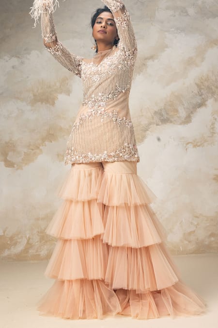 COUTURE BY NIHARIKA Peach Net Bugle Beads And Sequin Round Embroidered Kurta & Sharara Set