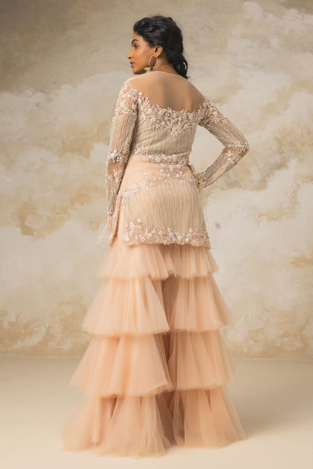 Shop COUTURE BY NIHARIKA Peach Net Bugle Beads And Sequin Round Embroidered Kurta & Sharara Set at Aza Fashions Shop_COUTURE BY NIHARIKA_Peach Net Bugle Beads And Sequin Round Embroidered Kurta & Sharara Set _at_Aza_Fashions