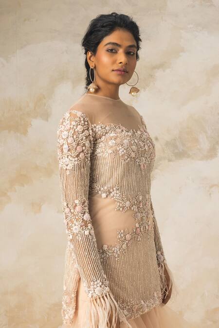 COUTURE BY NIHARIKA Peach Net Bugle Beads And Sequin Round Embroidered Kurta & Sharara Set Online at Aza Fashions COUTURE BY NIHARIKA_Peach Net Bugle Beads And Sequin Round Embroidered Kurta & Sharara Set _Online_at_Aza_Fashions