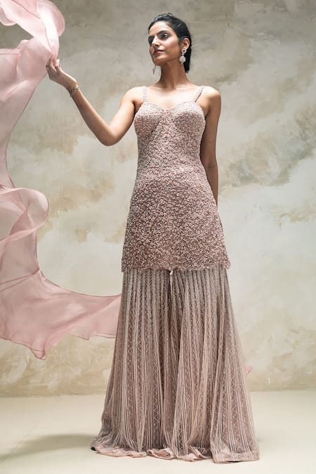 Shop COUTURE BY NIHARIKA Peach Organza, Net Floral Jaal Pattern Sweetheart Embroidered Kurta Sharara Set at Aza Fashions Shop_COUTURE BY NIHARIKA_Peach Organza, Net Floral Jaal Pattern Sweetheart Embroidered Kurta Sharara Set _at_Aza_Fashions