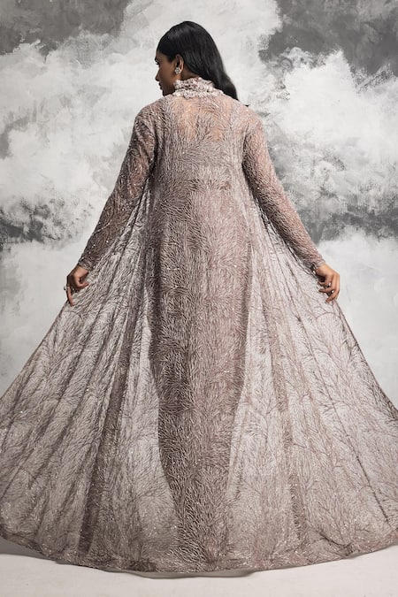 Shop COUTURE BY NIHARIKA Purple Net, Pure Satin Moti Scoop Neck Draped Dhoti Skirt Set With Jacket at Aza Fashions Shop_COUTURE BY NIHARIKA_Purple Net, Pure Satin Moti Scoop Neck Draped Dhoti Skirt Set With Jacket _at_Aza_Fashions