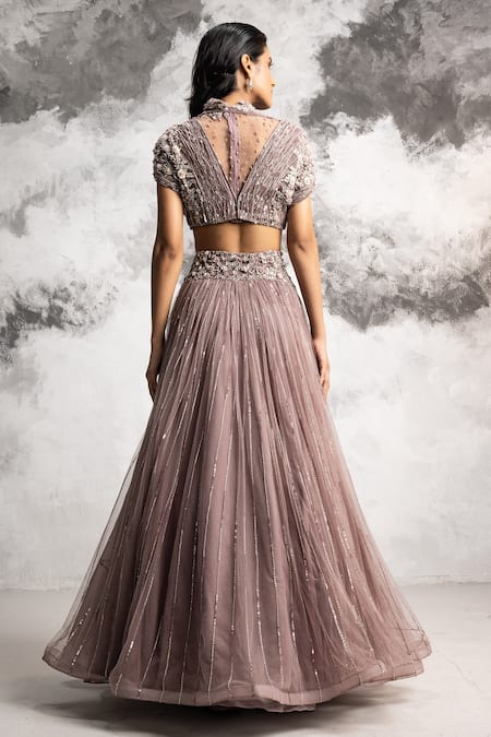 COUTURE BY NIHARIKA Purple Taiwan Net Floral Pattern High Neck Embroidered Skirt With Blouse Set Online at Aza Fashions COUTURE BY NIHARIKA_Purple Taiwan Net Floral Pattern High Neck Embroidered Skirt With Blouse Set _Online_at_Aza_Fashions