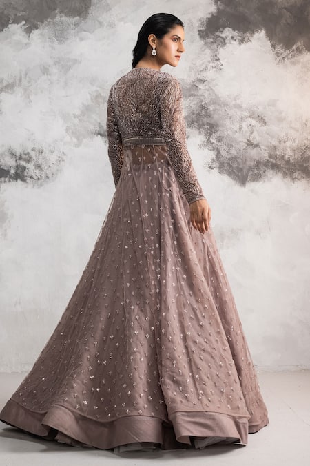 Shop COUTURE BY NIHARIKA Purple Organza, Net Floral Pattern Jacket V Neck Embroidered Lehenga Set at Aza Fashions Shop_COUTURE BY NIHARIKA_Purple Organza, Net Floral Pattern Jacket V Neck Embroidered Lehenga Set _at_Aza_Fashions