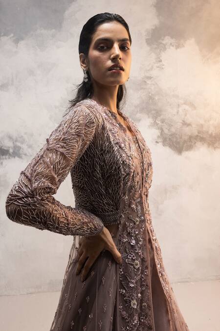 COUTURE BY NIHARIKA Purple Organza, Net Floral Pattern Jacket V Neck Embroidered Lehenga Set Online at Aza Fashions COUTURE BY NIHARIKA_Purple Organza, Net Floral Pattern Jacket V Neck Embroidered Lehenga Set _Online_at_Aza_Fashions