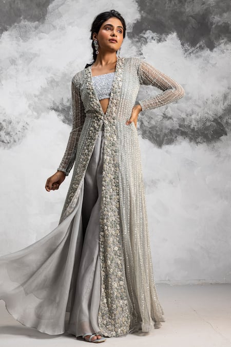 Shop COUTURE BY NIHARIKA Blue Organza And Net Bugle Beads, Pearls & Embroidered Jacket & Flared Skirt Set at Aza Fashions Shop_COUTURE BY NIHARIKA_Blue Organza And Net Bugle Beads, Pearls & Embroidered Jacket & Flared Skirt Set _at_Aza_Fashions