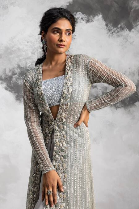 COUTURE BY NIHARIKA Blue Organza And Net Bugle Beads, Pearls & Embroidered Jacket & Flared Skirt Set Online at Aza Fashions COUTURE BY NIHARIKA_Blue Organza And Net Bugle Beads, Pearls & Embroidered Jacket & Flared Skirt Set _Online_at_Aza_Fashions