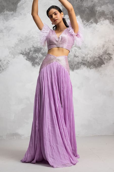 COUTURE BY NIHARIKA Purple Organza And Chiffon Bugle Beads & Feather V Embroidered Blouse & Skirt Set
