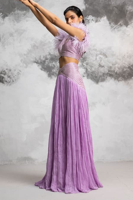 Shop COUTURE BY NIHARIKA Purple Organza And Chiffon Bugle Beads & Feather V Embroidered Blouse & Skirt Set at Aza Fashions Shop_COUTURE BY NIHARIKA_Purple Organza And Chiffon Bugle Beads & Feather V Embroidered Blouse & Skirt Set _at_Aza_Fashions