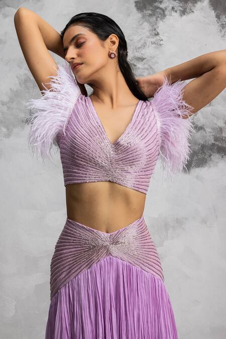 COUTURE BY NIHARIKA Purple Organza And Chiffon Bugle Beads & Feather V Embroidered Blouse & Skirt Set Online at Aza Fashions COUTURE BY NIHARIKA_Purple Organza And Chiffon Bugle Beads & Feather V Embroidered Blouse & Skirt Set _Online_at_Aza_Fashions