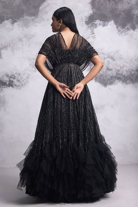 Shop COUTURE BY NIHARIKA Black Net Geometric Stripe Pattern Jacket V Neck Embroidered Lehenga Set at Aza Fashions Shop_COUTURE BY NIHARIKA_Black Net Geometric Stripe Pattern Jacket V Neck Embroidered Lehenga Set _at_Aza_Fashions