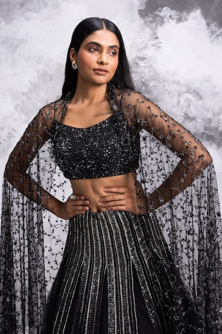 Shop COUTURE BY NIHARIKA Black Organza And Net Beads & Sequin, Cutdana Scoop Neck Embroidered Lehenga Set at Aza Fashions Shop_COUTURE BY NIHARIKA_Black Organza And Net Beads & Sequin, Cutdana Scoop Neck Embroidered Lehenga Set _at_Aza_Fashions