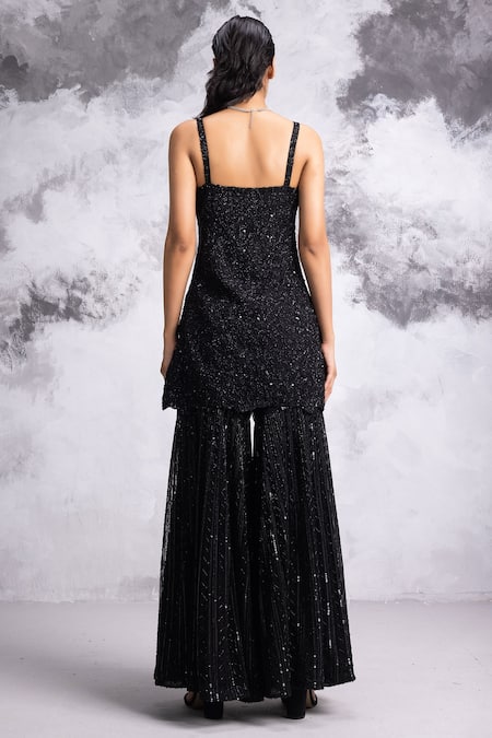 Shop COUTURE BY NIHARIKA Black Net Floral Jaal Pattern Sweetheart Neck Embroidered Kurta Sharara Set at Aza Fashions Shop_COUTURE BY NIHARIKA_Black Net Floral Jaal Pattern Sweetheart Neck Embroidered Kurta Sharara Set _at_Aza_Fashions