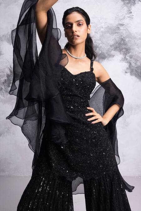 COUTURE BY NIHARIKA Black Net Floral Jaal Pattern Sweetheart Neck Embroidered Kurta Sharara Set Online at Aza Fashions COUTURE BY NIHARIKA_Black Net Floral Jaal Pattern Sweetheart Neck Embroidered Kurta Sharara Set _Online_at_Aza_Fashions
