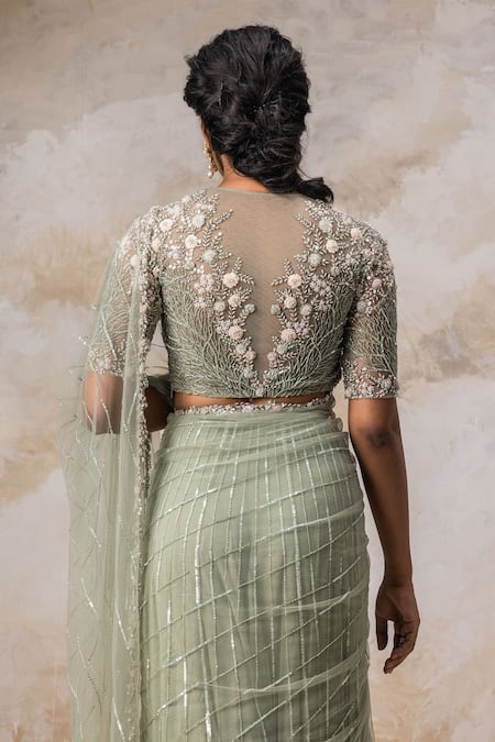 Shop_COUTURE BY NIHARIKA_Green Net Sequin And , Bugle Embroidered Lehenga Saree With Blouse _at_Aza_Fashions