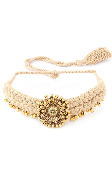 Shop_Joules By Radhika_Gold Plated Satin Threads And Ghungroo Woven Choker_at_Aza_Fashions