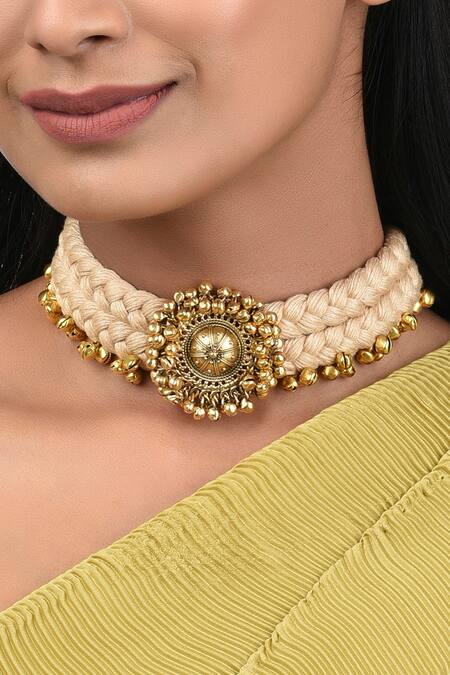 Joules By Radhika_Gold Plated Satin Threads And Ghungroo Woven Choker_Online_at_Aza_Fashions