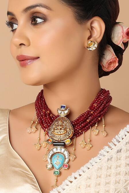 Joules by Radhika_Red Onyx Beads Carved Temple Choker_Online_at_Aza_Fashions