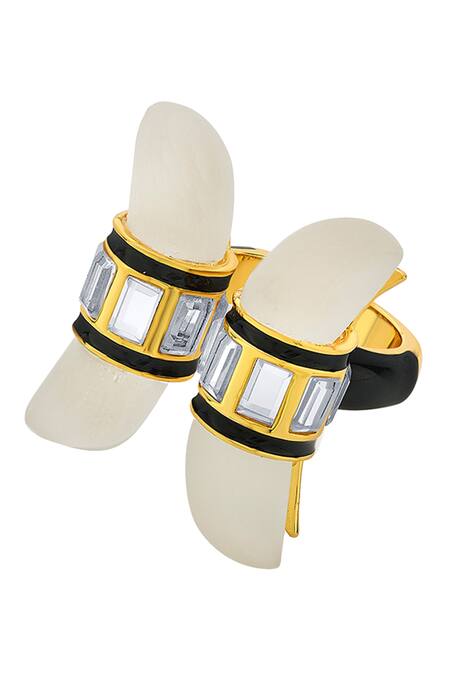 Isharya_White Rock Crystal Double Horn Mirror Enamel Open Ring_Online_at_Aza_Fashions