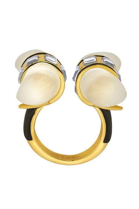 Buy_Isharya_White Rock Crystal Double Horn Mirror Enamel Open Ring_Online_at_Aza_Fashions