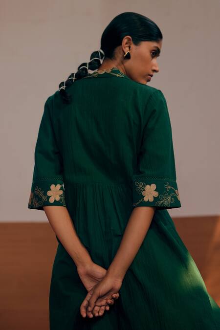 Cord_Green 100% Cotton Thread And Crochet Lace Notched Lapel Collar Dress_Online_at_Aza_Fashions