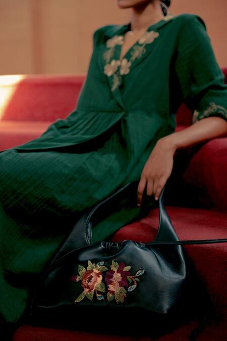 Shop_Cord_Green 100% Cotton Thread And Crochet Lace Notched Lapel Collar Dress_Online_at_Aza_Fashions